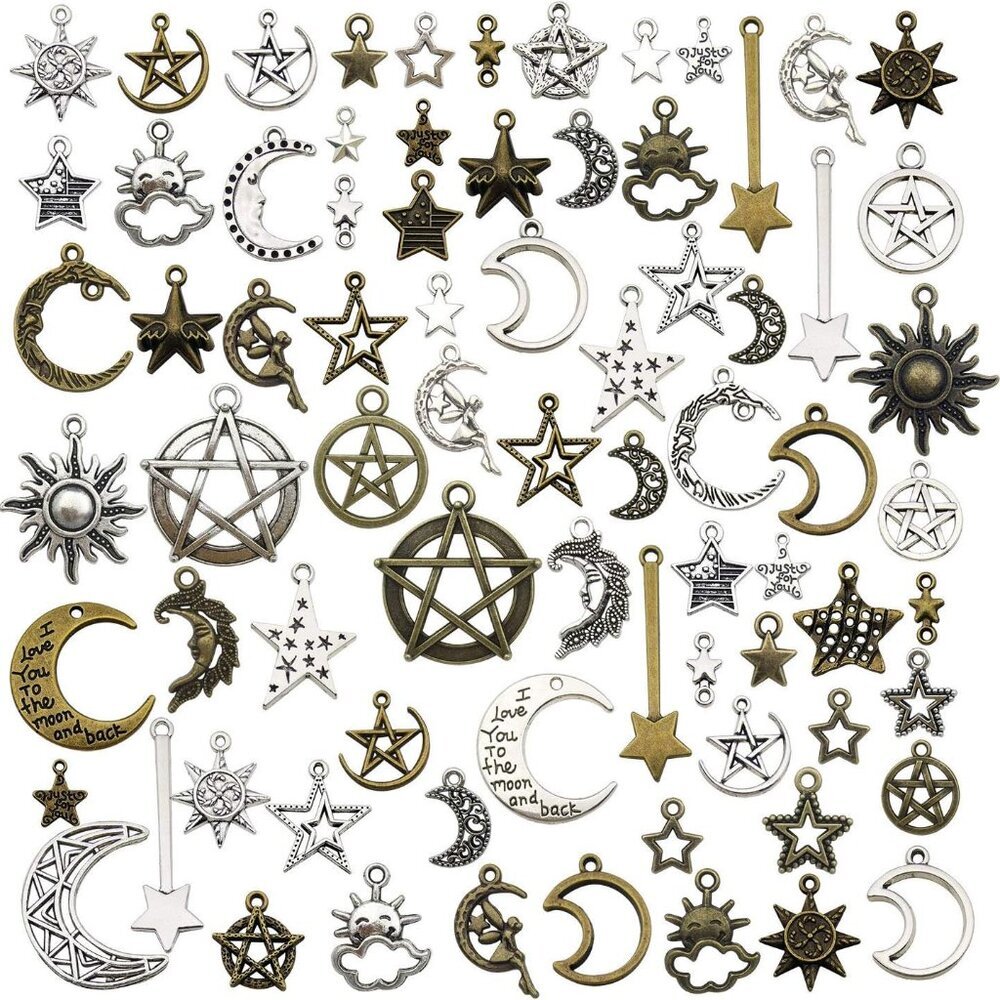 100gAbout 76pcs Craft Supplies Small Antique Bronze Silver Sun Moon Star Charms
